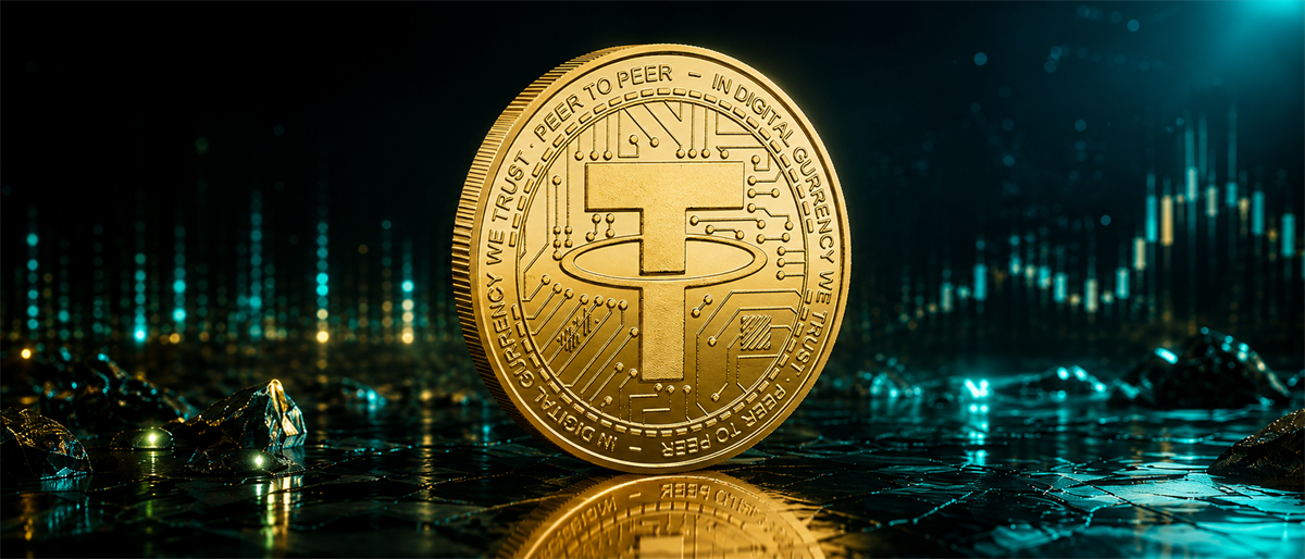 Gold coin engraved with the Tether (USDT) logo standing upright against a dark background with a candlestick price chart.