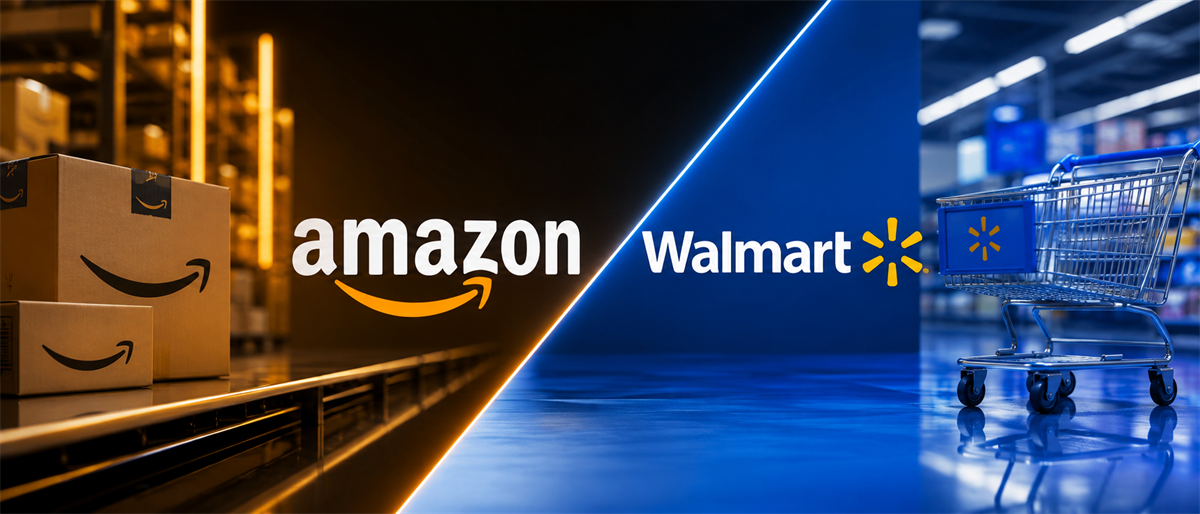 Split image showing Amazon logo with warehouse boxes on one side and Walmart logo with a shopping cart on the other.