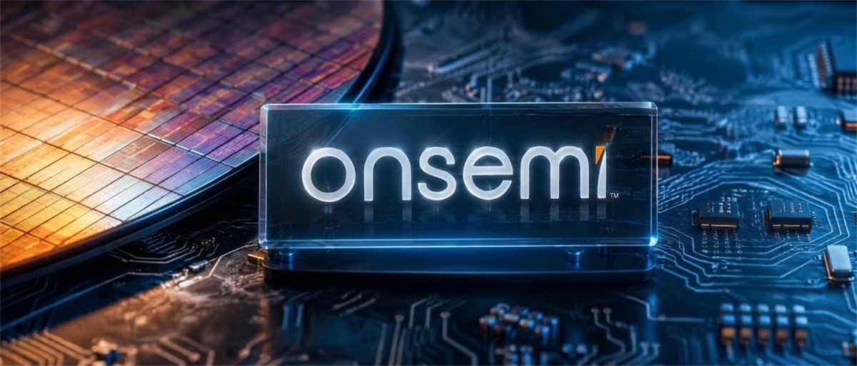 Illuminated onsemi logo on glass block set against a semiconductor wafer and circuit board background.