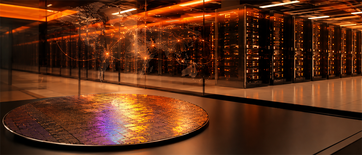 A semiconductor wafer sits on a table in a data center with server racks and a glowing world map overlay.