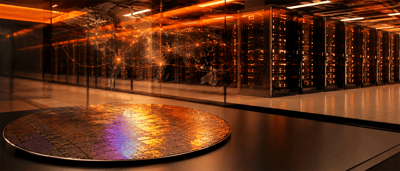 A semiconductor wafer sits on a table in a data center with server racks and a glowing world map overlay.