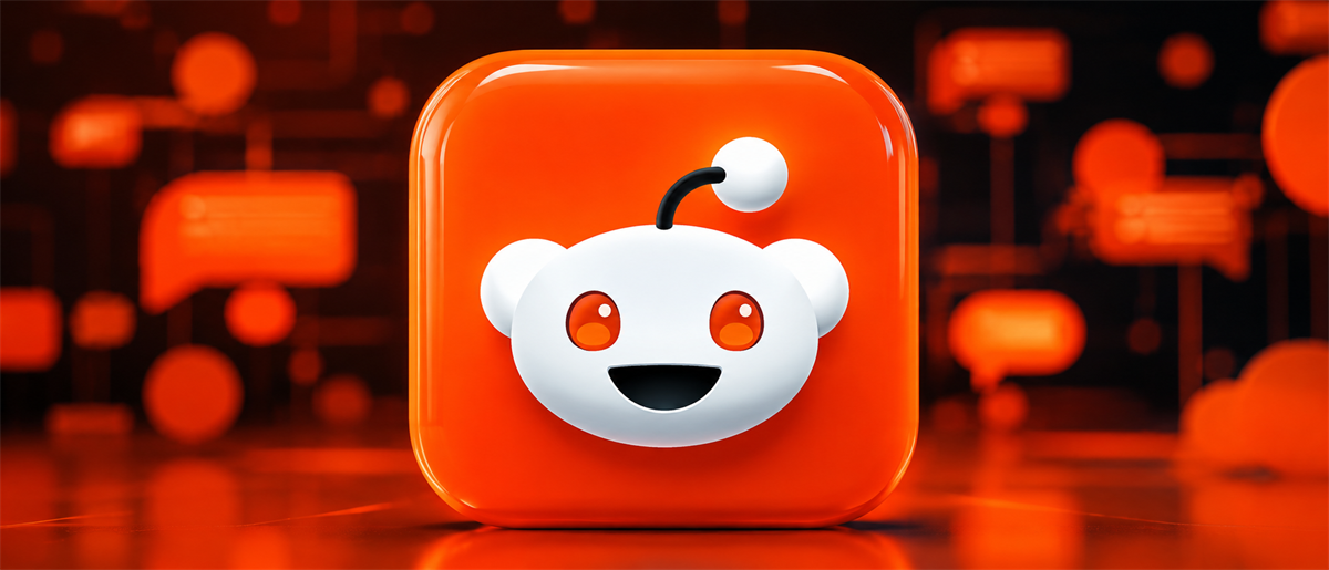3D rendering of the Reddit logo icon on an orange app tile against a dark, tech-themed background.
