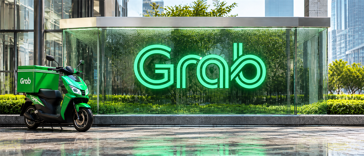 A green Grab-branded delivery scooter parked outside a building with an illuminated Grab logo display.