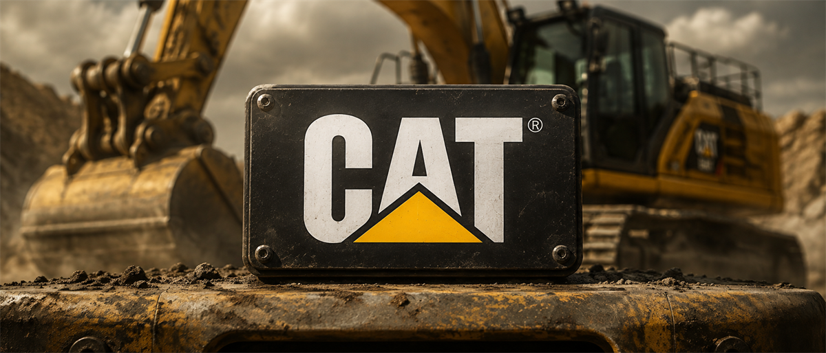 Caterpillar (CAT) logo plate mounted on machinery with an excavator visible in the background at a job site.