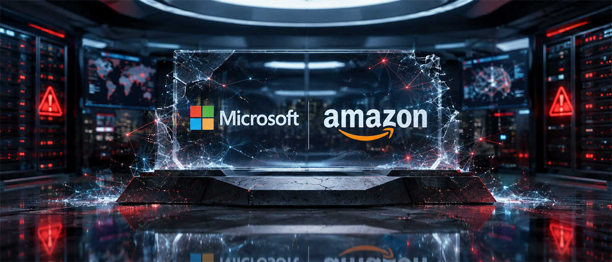 Microsoft and Amazon logos displayed on a translucent digital panel in a server room with warning icons.