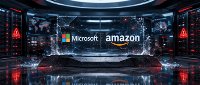 Microsoft and Amazon logos displayed on a translucent digital panel in a server room with warning icons.