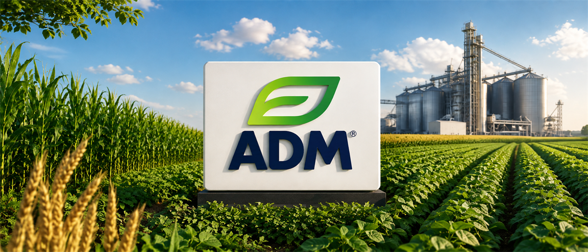 ADM company logo sign displayed in a crop field with grain storage silos and processing facility in the background.
