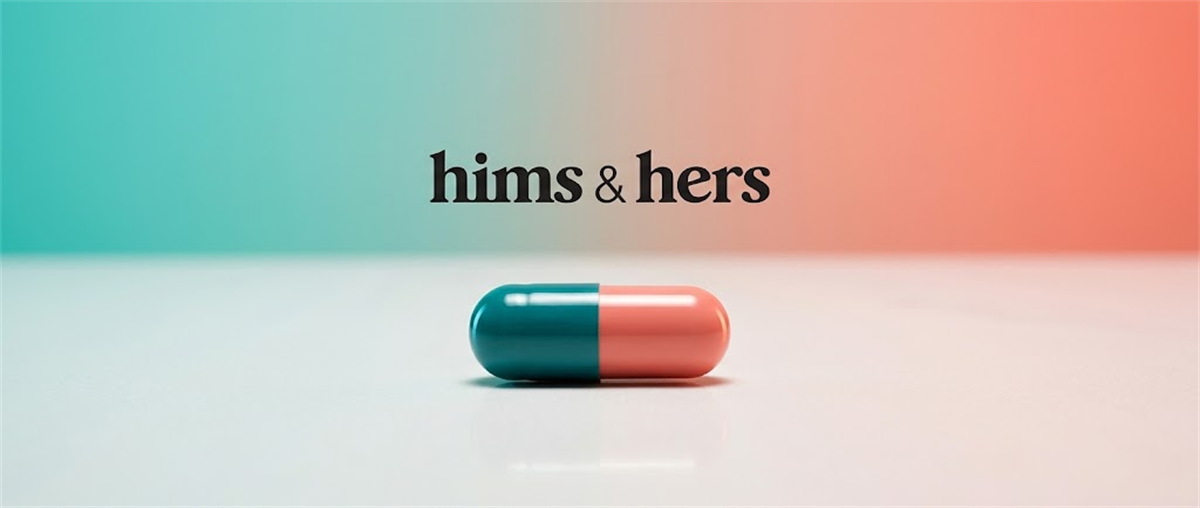 Hims & Hers Health logo with a two-toned teal and coral capsule pill on a matching gradient background.