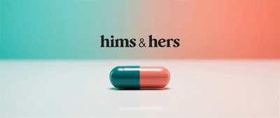 Hims & Hers Health logo with a two-toned teal and coral capsule pill on a matching gradient background.