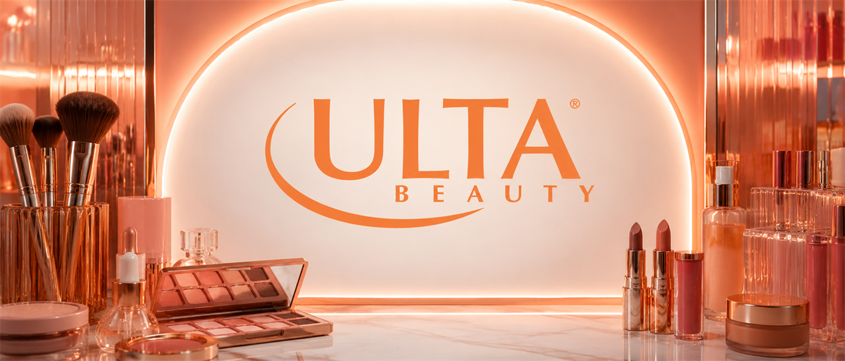 Ulta Beauty logo illuminated on a backlit display surrounded by makeup products, brushes, and cosmetics on a countertop.
