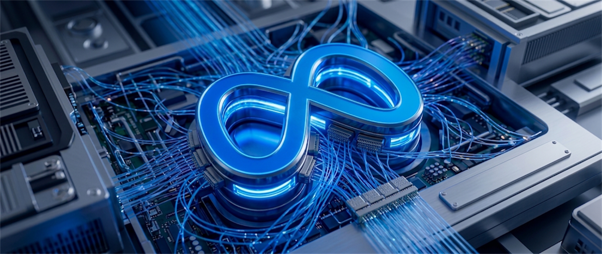 Illustration of a glowing Meta symbol connected by cables atop a server circuit board, symbolizing data or AI infrastructure.