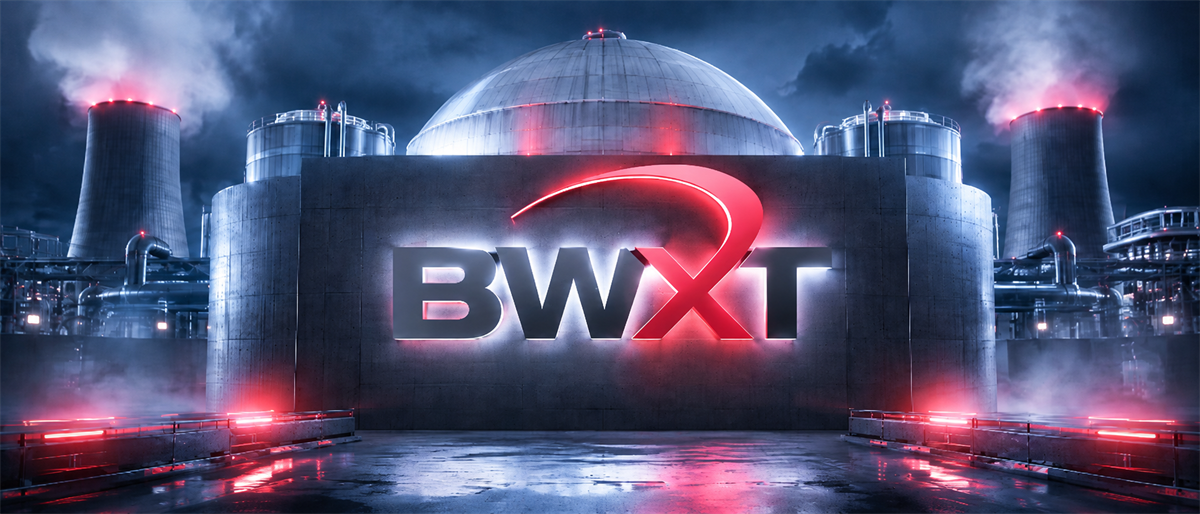 Illustration of the BWXT logo displayed on a nuclear power plant building with cooling towers at night.
