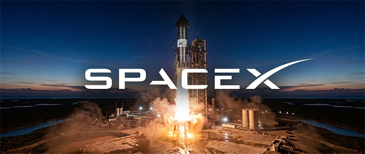 SpaceX logo overlaid on a nighttime rocket launch with flames and smoke at the launch tower.