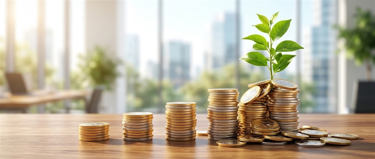 Ascending stacks of coins on a desk with a small plant sprouting from the tallest stack, symbolizing investment growth.