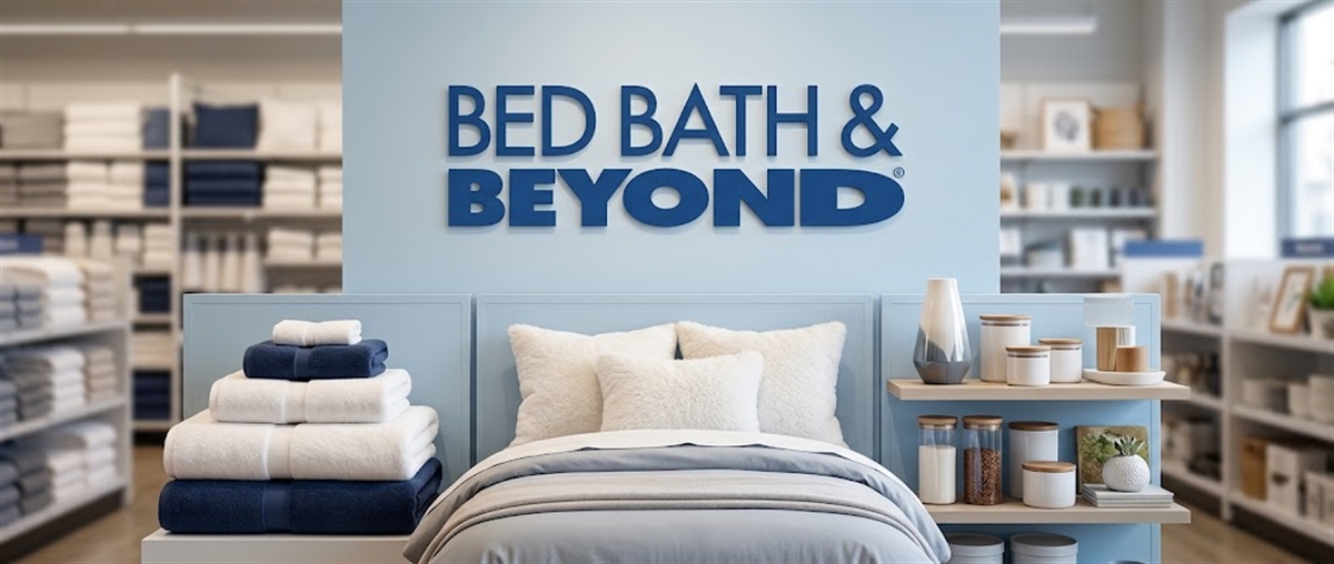 Bed Bath & Beyond logo displayed above a store display with a bed, folded towels, and home goods shelves.