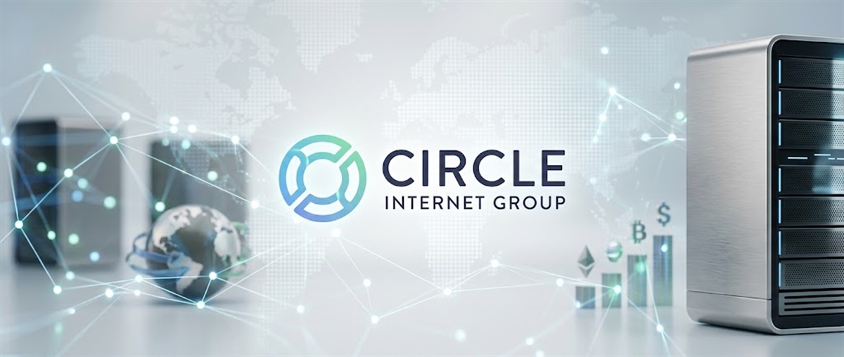 Circle Internet Group logo with digital network graphics, a globe, server rack, and Bitcoin and Ethereum symbols.
