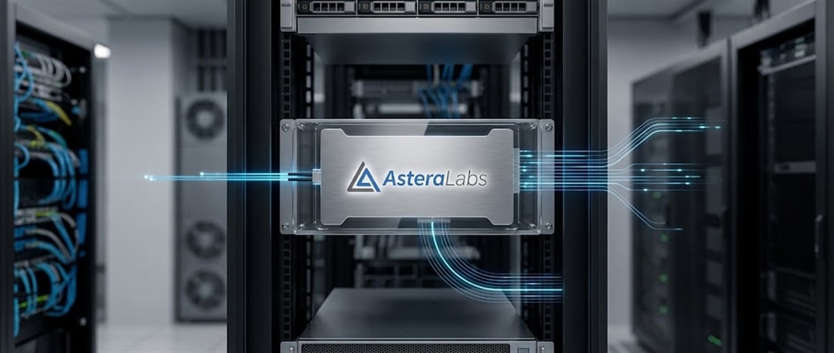 Astera Labs logo displayed on a server component mounted in a data center rack with illuminated network cables.