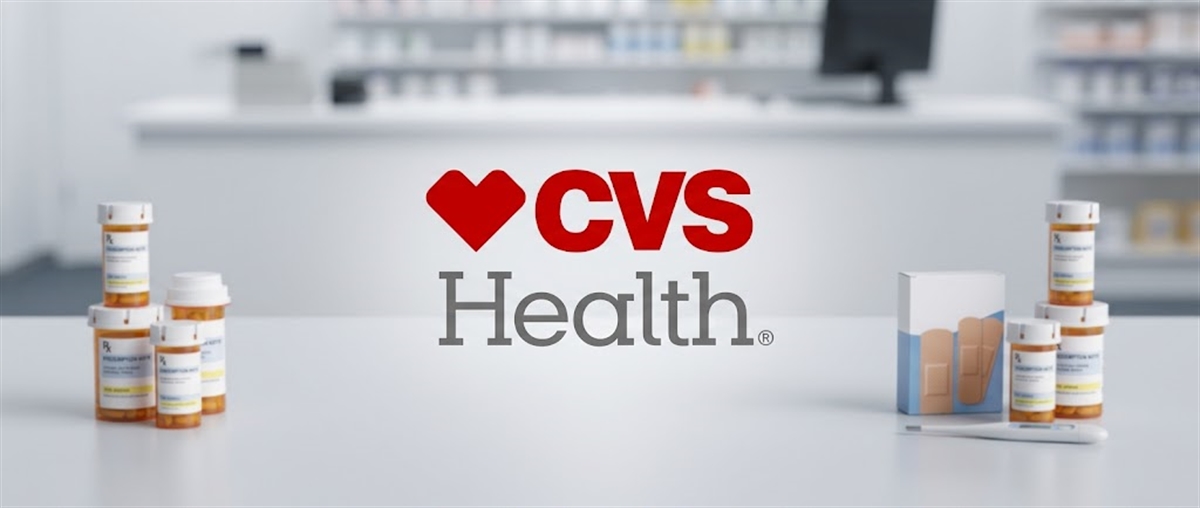 CVS Health logo displayed above a pharmacy counter with prescription bottles and a bandage box on the counter.