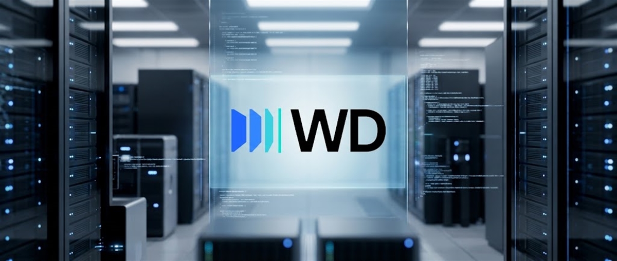 Western Digital logo displayed on a translucent screen inside a data center server room.