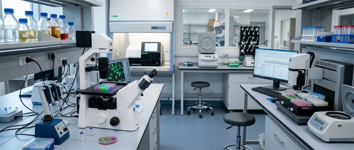 Laboratory workspace with microscopes, computer monitors displaying data, lab benches, stools, and sample vials arranged for research work.