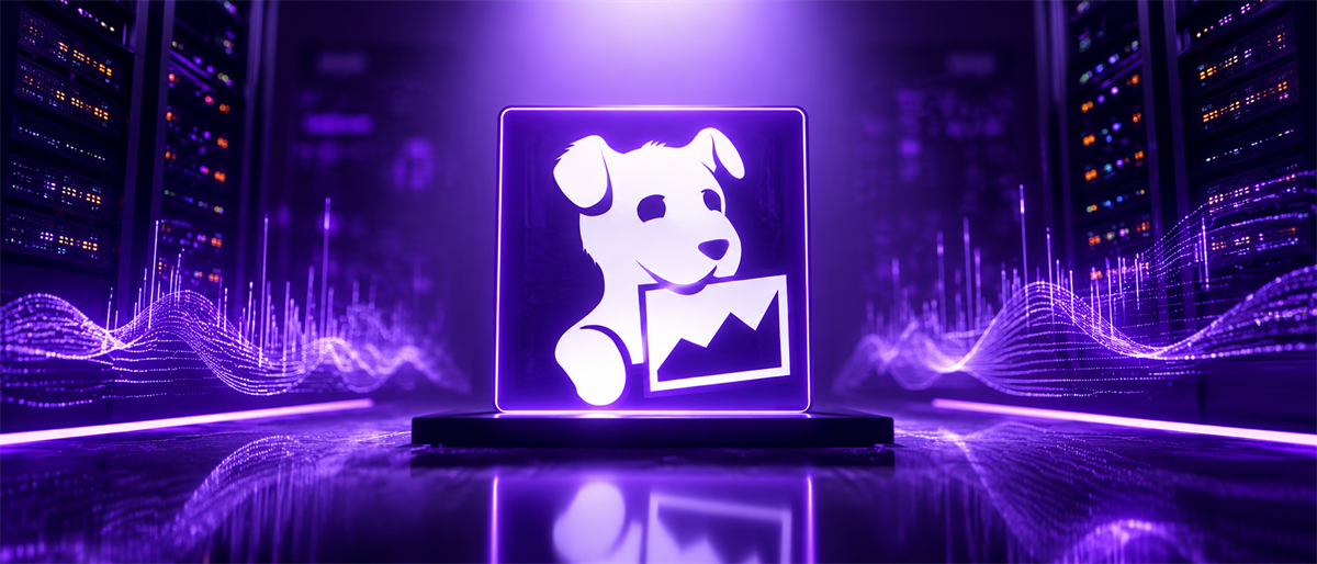 Illustrated Datadog logo, a dog holding a chart icon, glowing purple on a lit panel in a data center.