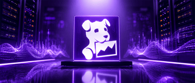 Illustrated Datadog logo, a dog holding a chart icon, glowing purple on a lit panel in a data center.