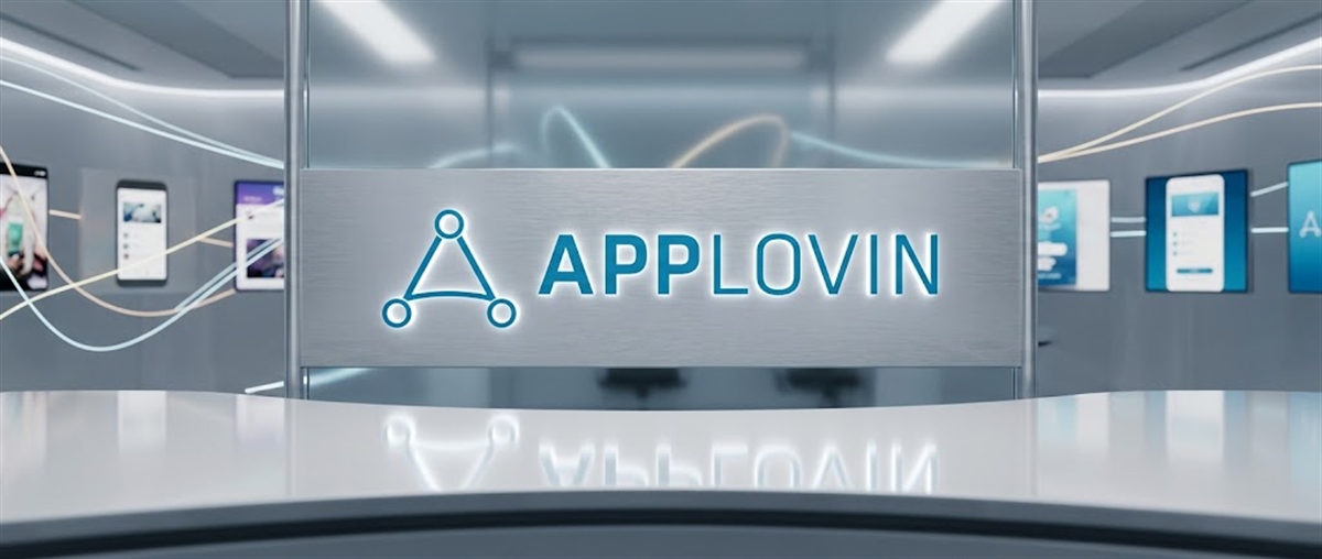 AppLovin logo displayed on a lit sign in a modern showroom with mobile app screens in the background.