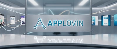 AppLovin logo displayed on a lit sign in a modern showroom with mobile app screens in the background.
