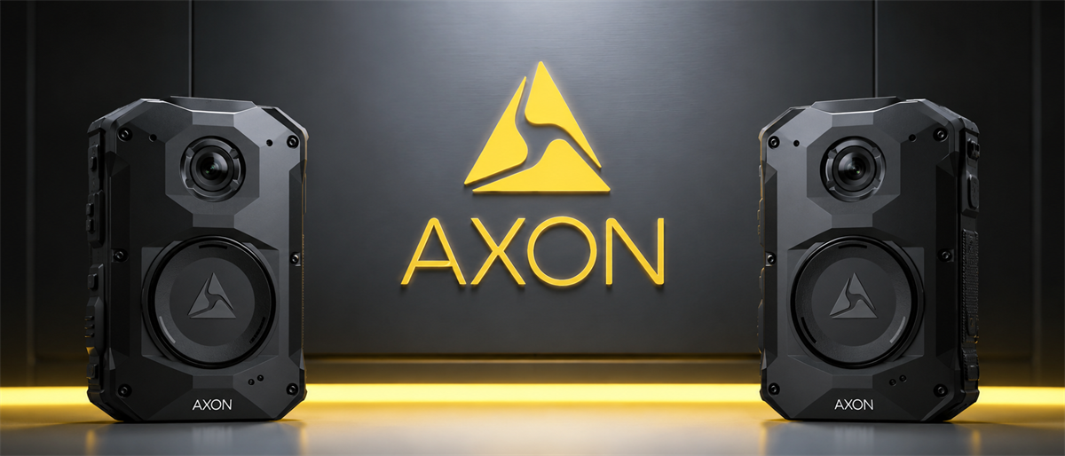 Two Axon body cameras flank the illuminated Axon logo displayed on a dark backdrop.