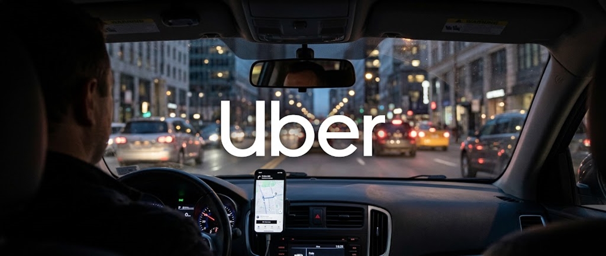 Uber logo displayed on a car windshield at night, with a driver navigating city traffic using a phone mount.