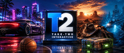 Take-Two Interactive logo with imagery representing its game franchises, including a sports court, sports car, desert canyon, and Western-style hat.