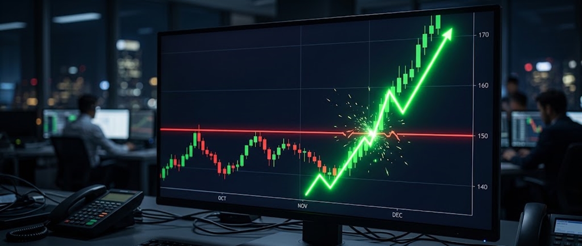 Computer monitor displaying a candlestick stock price chart breaking above a resistance line, with traders working in a dark office.