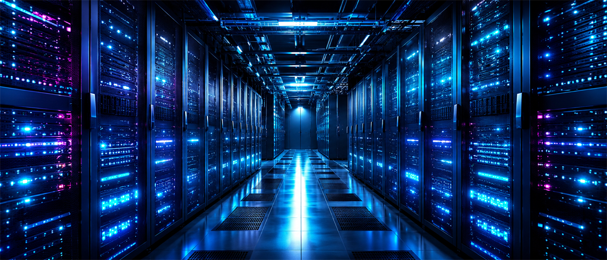 Rows of illuminated server racks with blue lighting line a data center corridor.