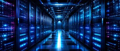 Rows of illuminated server racks with blue lighting line a data center corridor.