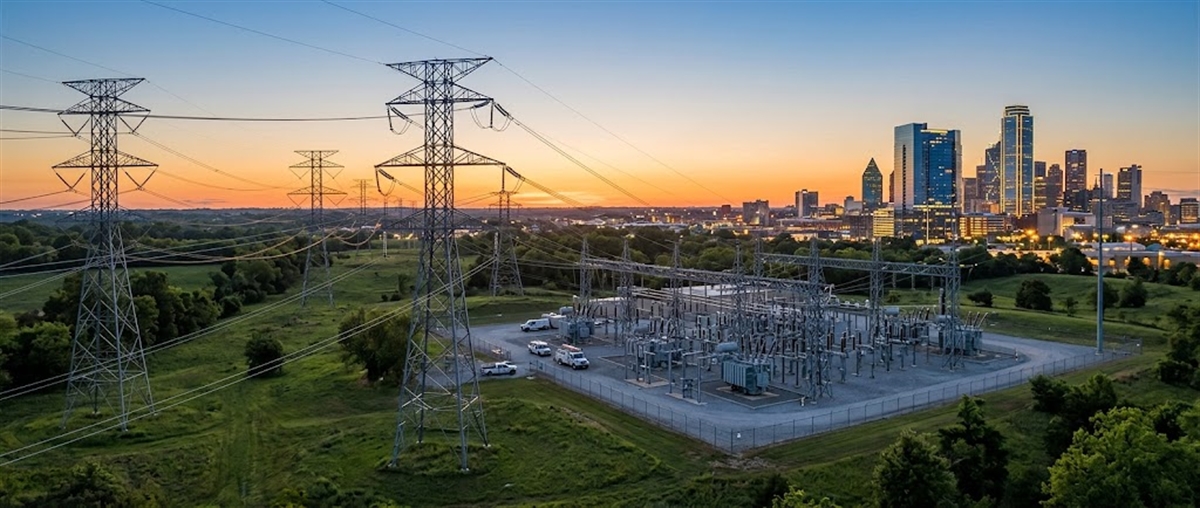 Electrical substation with transmission towers and power lines in the foreground, with a city skyline at sunset in the background.