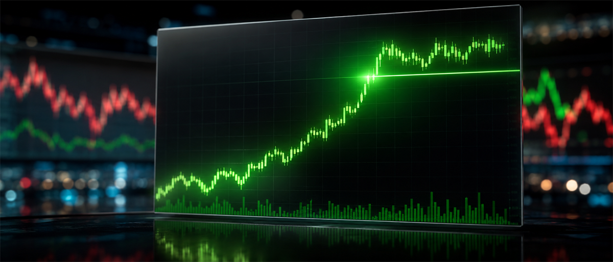 Digital screen displaying an upward-trending green candlestick stock chart with volume bars, set against blurred market charts.