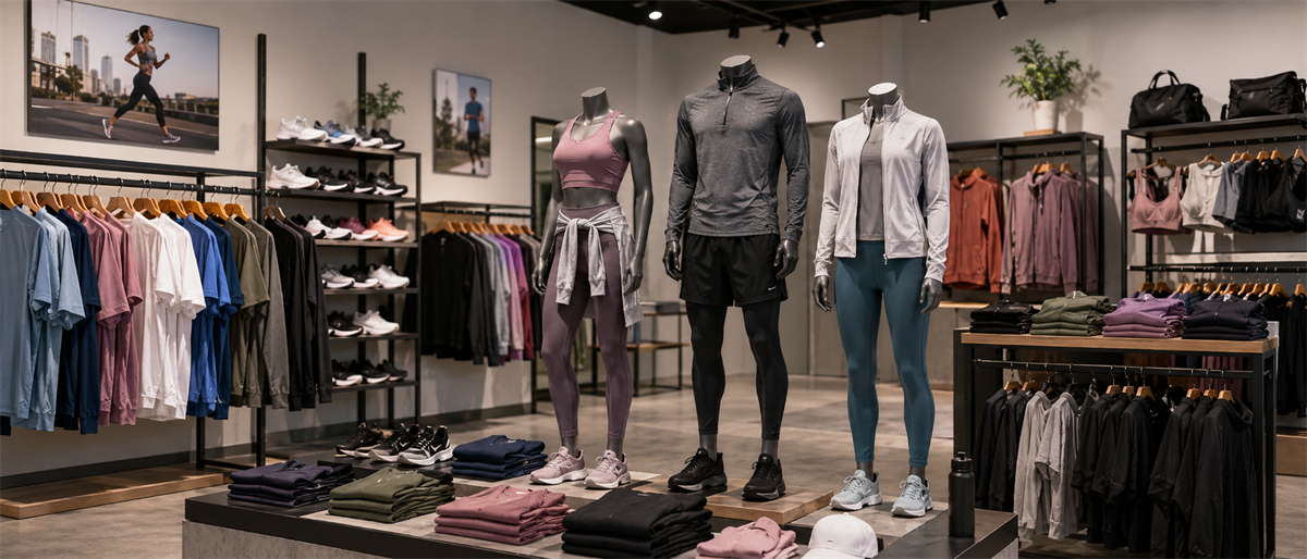 Athletic apparel store interior displaying mannequins in activewear, folded clothing, and shoe shelves alongside hanging garment racks.