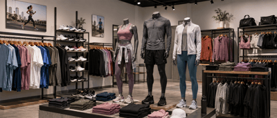 Athletic apparel store interior displaying mannequins in activewear, folded clothing, and shoe shelves alongside hanging garment racks.