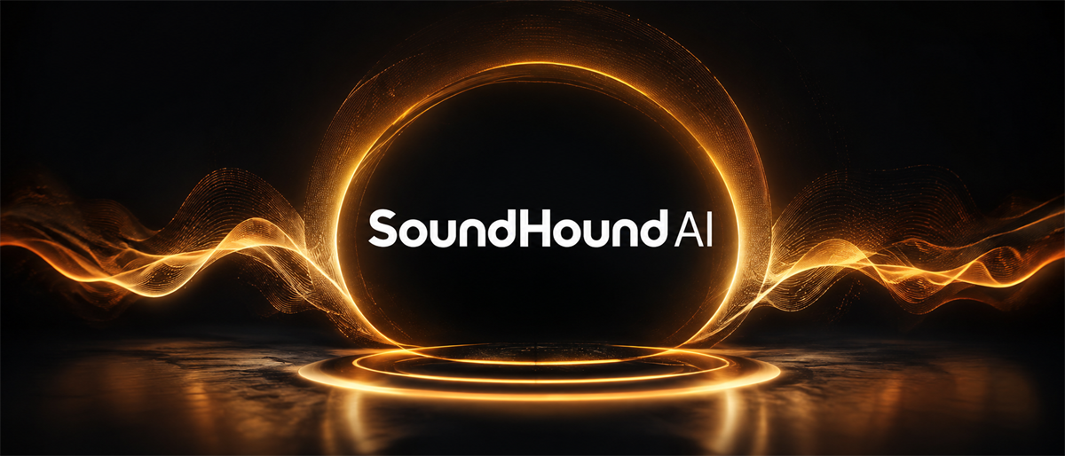 SoundHound AI logo displayed within a glowing orange ring against a dark background with light wave effects.