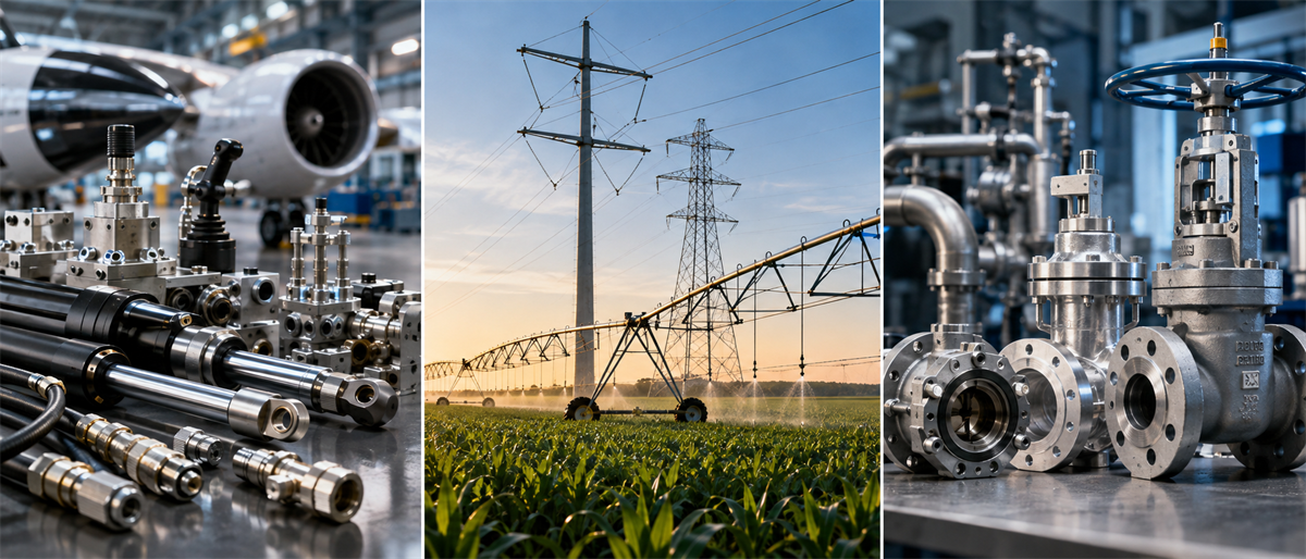 Three-panel industrial image showing aircraft engine parts, an electric transmission tower over irrigated farmland, and metal pipeline valves.