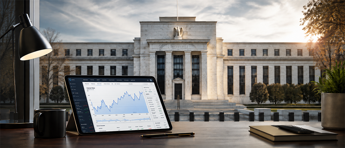 Tablet displaying an interest rate chart on a desk, with the Federal Reserve building visible through a window.