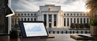 Tablet displaying an interest rate chart on a desk, with the Federal Reserve building visible through a window.