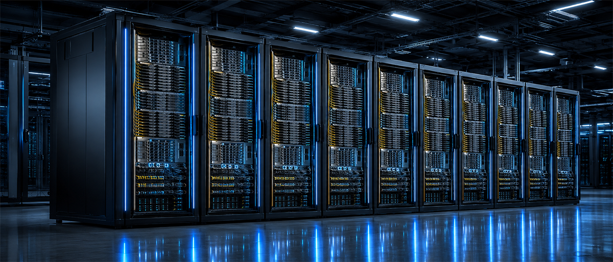 Row of illuminated server racks with blue lighting in a data center, reflecting on the polished floor.