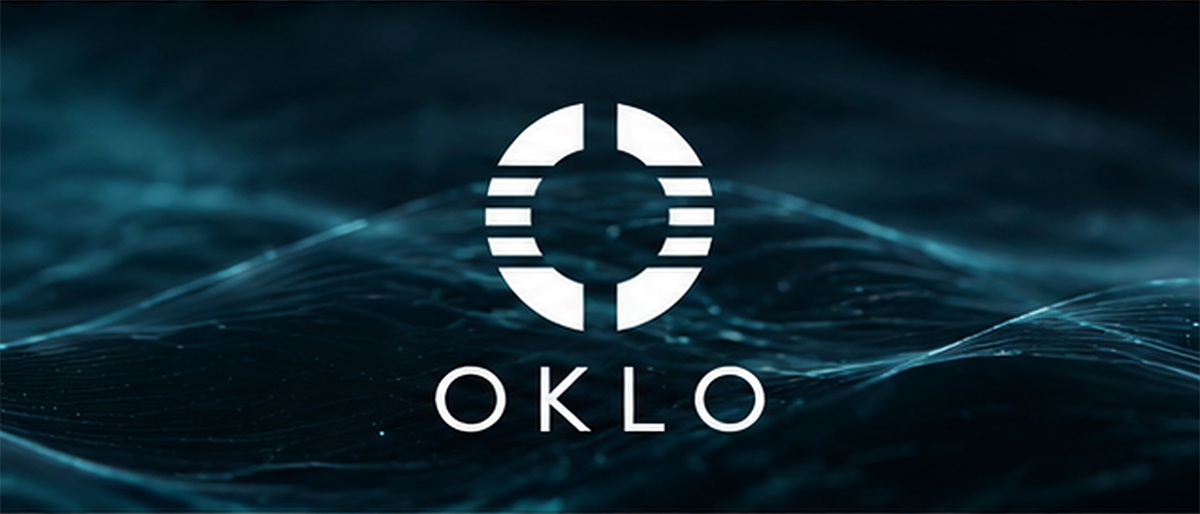 Oklo company logo displayed on a dark blue background with abstract flowing wave lines.