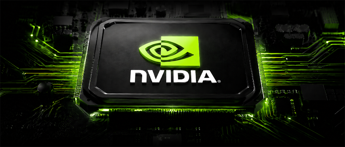 NVIDIA logo displayed on a computer chip surrounded by illuminated green circuit board traces.