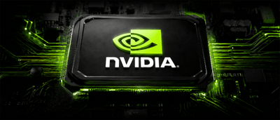 NVIDIA logo displayed on a computer chip surrounded by illuminated green circuit board traces.