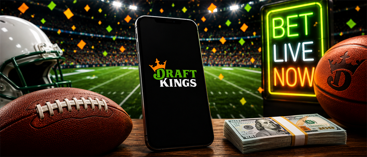 Smartphone displaying the DraftKings logo beside a football, basketball, cash, and a neon Bet Live Now sign.