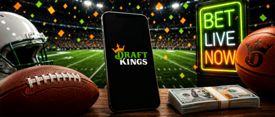 Smartphone displaying the DraftKings logo beside a football, basketball, cash, and a neon Bet Live Now sign.