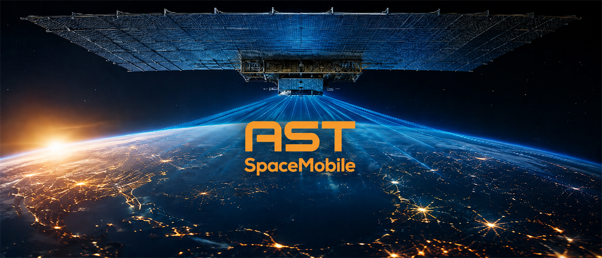 AST SpaceMobile logo with satellite in orbit beaming signals down to an illuminated Earth at night.