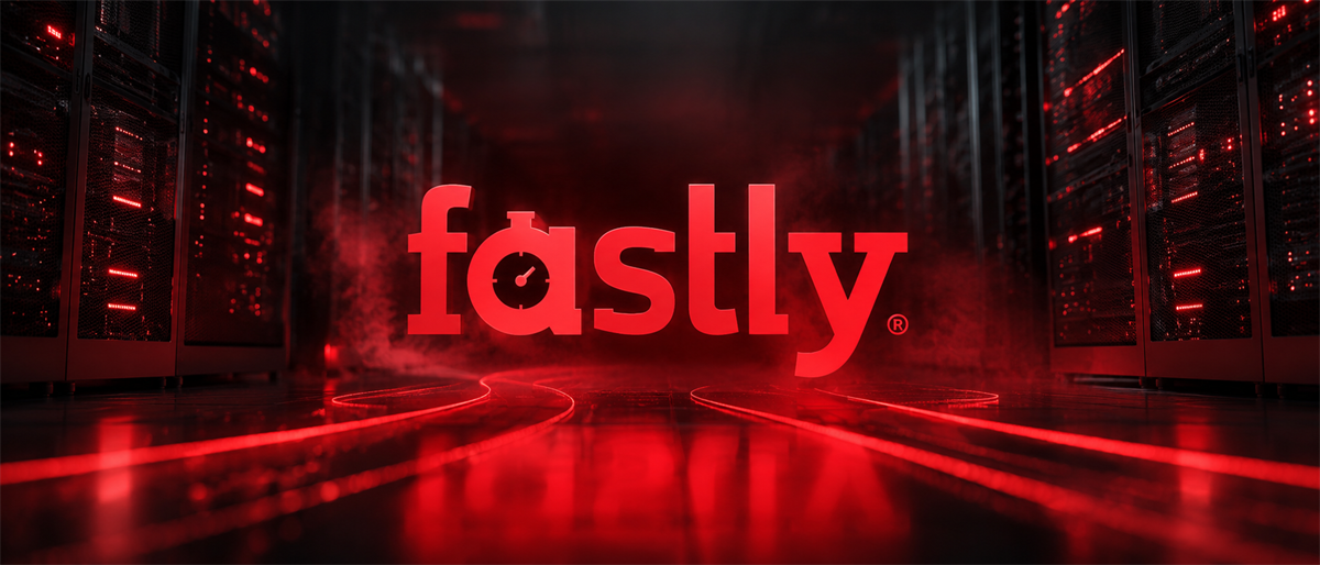 Fastly logo illuminated in red, set between rows of server racks in a data center corridor.
